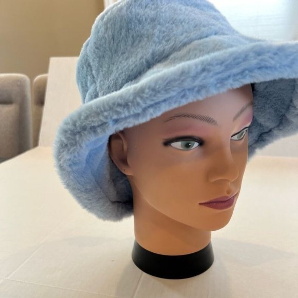 Faux Fur Women’s Bucket Hat Blue Adjustable Boho Retro Streetwear - Picture 2 of 9